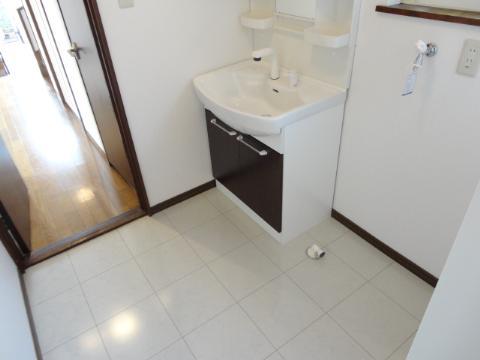 Wash basin, toilet. Dressing in the morning with new vanity and bright floor of space.