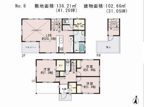 Floor plan. 29.4 million yen, 3LDK + S (storeroom), Land area 136.21 sq m , Building area 102.66 sq m LDK 20 Pledge