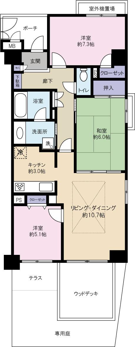 Floor plan. 3LDK, Price 12.8 million yen, There is underground storage under the proprietary area 73.59 sq m living.