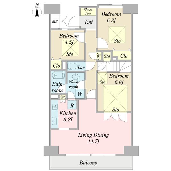 Floor plan. 3LDK, Price 26,400,000 yen, Occupied area 77.07 sq m , Balcony area 9.48 sq m
