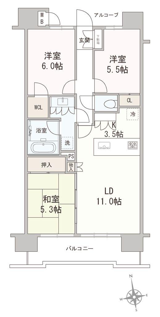 Floor plan. 3LDK, Price 19,990,000 yen, Occupied area 70.29 sq m , Balcony area 9.76 sq m