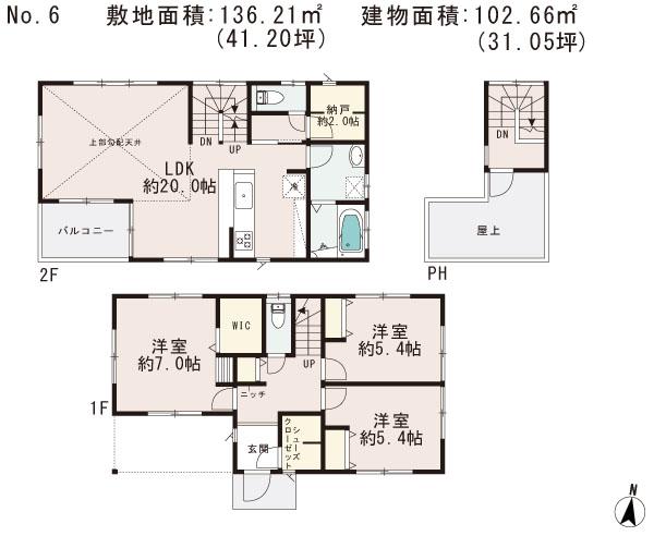 Floor plan. (6 Building), Price 29.4 million yen, 3LDK+S, Land area 136.21 sq m , Building area 102.66 sq m