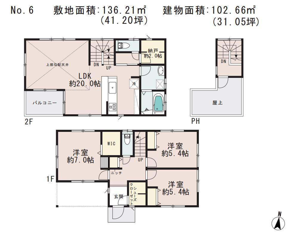 Floor plan. (No.6), Price 29.4 million yen, 3LDK, Land area 136.21 sq m , Building area 102.66 sq m