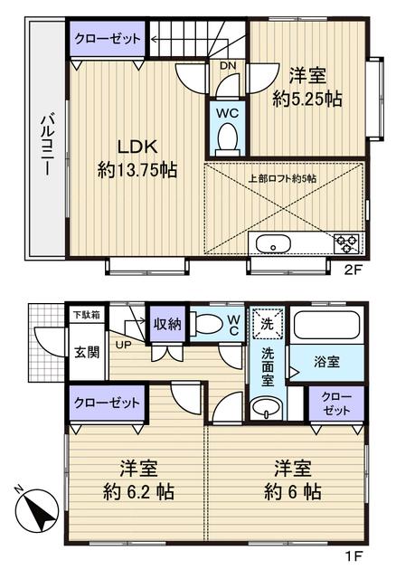 Floor plan. 19,800,000 yen, 3LDK, Land area 77.95 sq m , Building area 74.52 sq m kitchen top with loft
