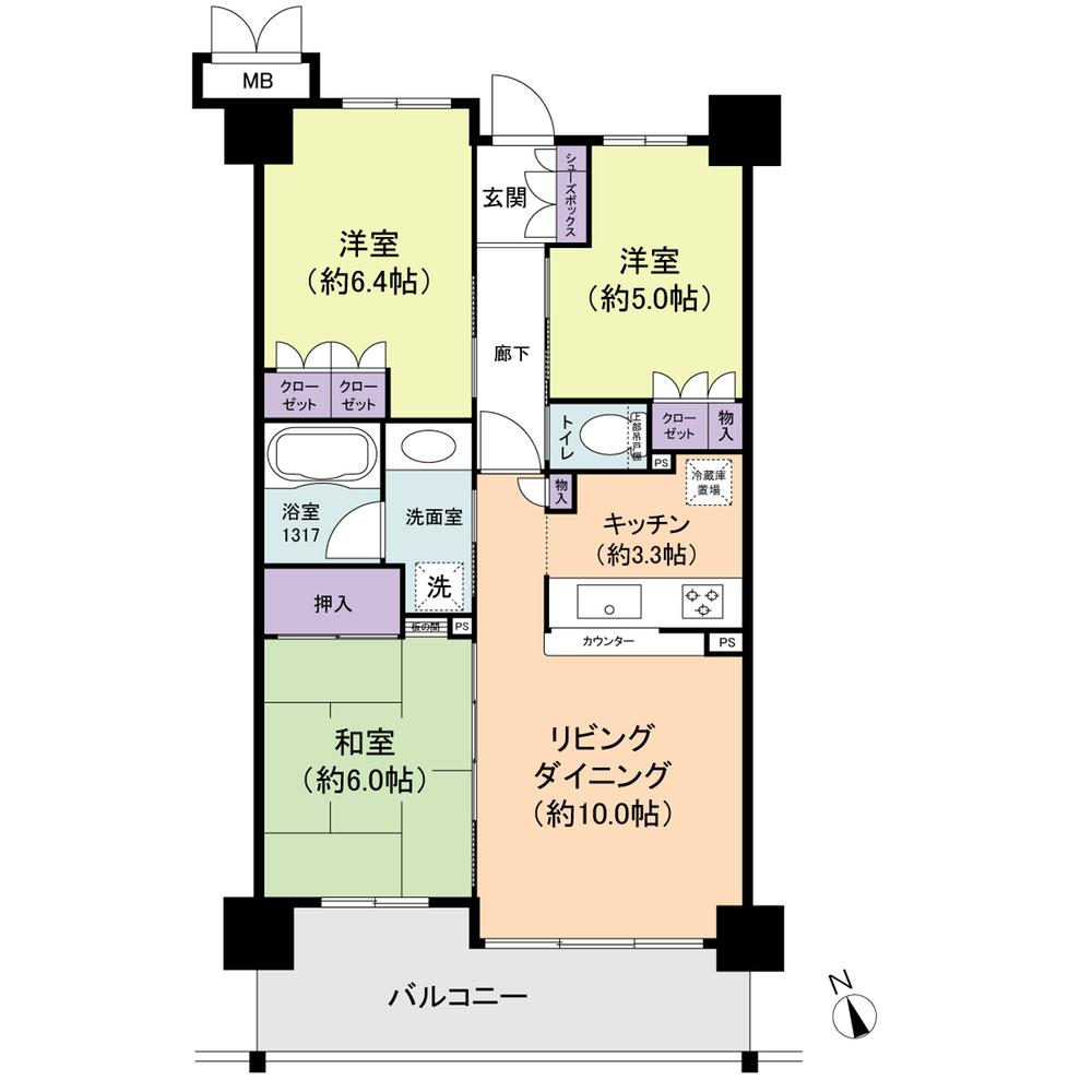 Floor plan. 3LDK, Price 22,800,000 yen, Occupied area 65.62 sq m , Adopt a sliding door to effectively use the balcony area 10.77 sq m space in various places