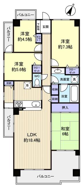 Floor plan. 4LDK, Price 19,800,000 yen, Occupied area 89.14 sq m , Balcony area 23.16 sq m 4 faces southwest angle room with balcony