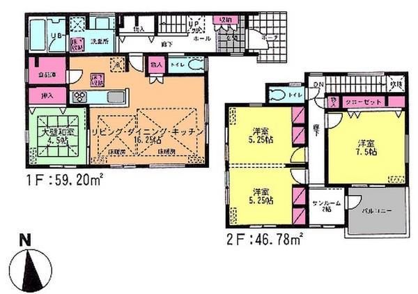 Floor plan. (Building 2), Price 32,500,000 yen, 4LDK+S, Land area 120.1 sq m , Building area 105.98 sq m