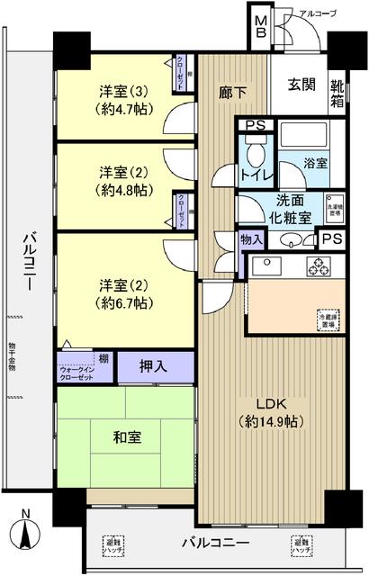 Floor plan. 4LDK, Price 29,800,000 yen, Occupied area 88.02 sq m , Balcony area 22.66 sq m southwest angle room, Two-sided balcony day ・ Ventilation is good rooms