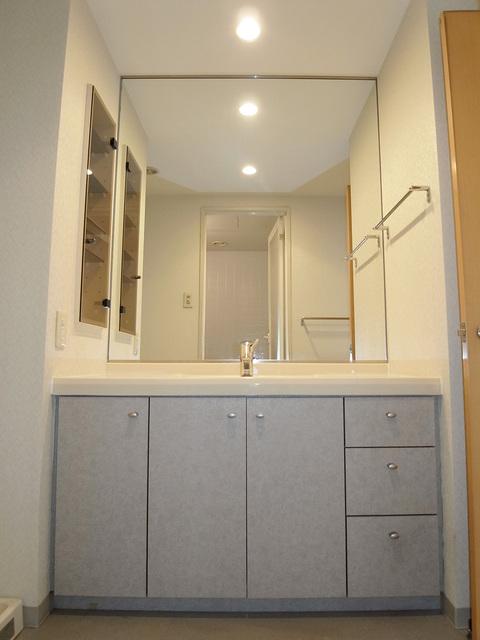 Wash basin, toilet. Vanity wide mirror type, Storage is also abundant