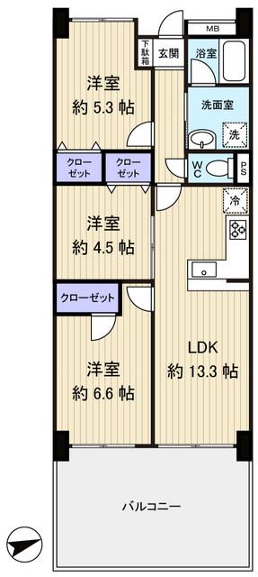 Floor plan. 3LDK, Price 19,800,000 yen, Occupied area 64.28 sq m , Balcony area 20.62 sq m work efficient L-shaped face-to-face counter kitchen