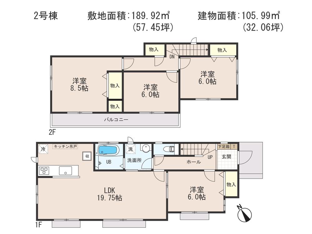 Floor plan. (Building 2), Price 28.8 million yen, 4LDK, Land area 189.92 sq m , Building area 105.99 sq m