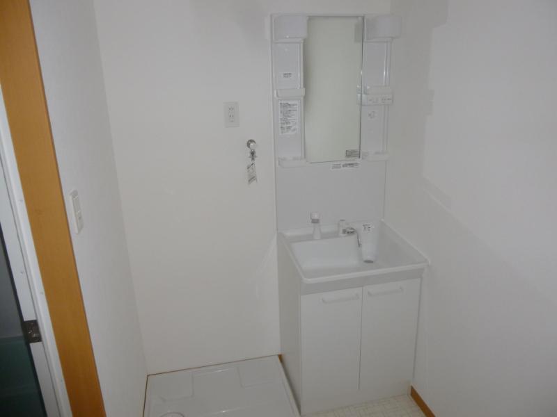 Washroom. Independent wash basin shower Washing machine in the room