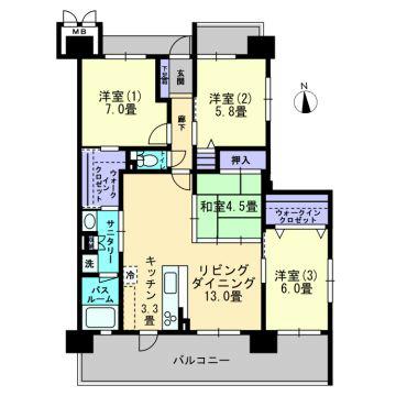 Floor plan. 4LDK, Price 28 million yen, Occupied area 90.25 sq m , WC and south of the bathroom of the balcony area 22.64 sq m 2 places is southeast angle room 4LDK of charm