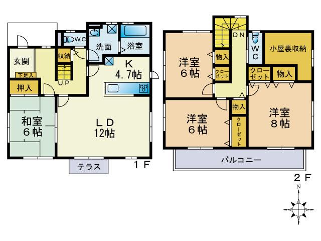 Floor plan. 16,900,000 yen, 4LDK + S (storeroom), Land area 197.97 sq m , Building area 106.6 sq m solar power, It is all-electric with EcoCute. 