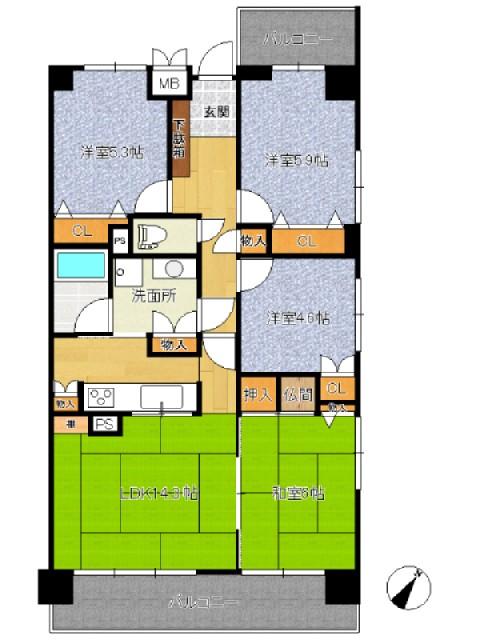 Floor plan. 4LDK, Price 11.3 million yen, Occupied area 79.97 sq m , Balcony area 14.4 sq m
