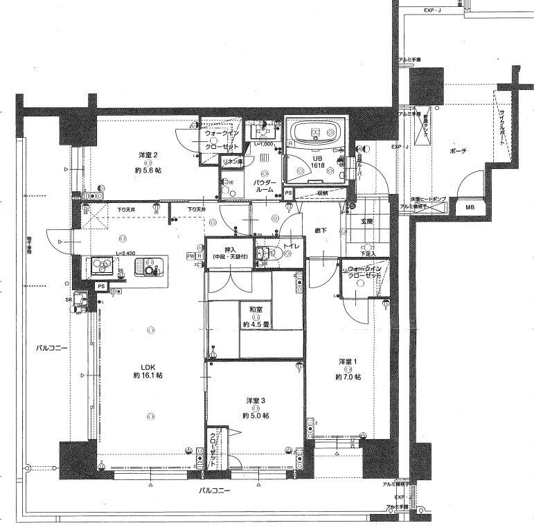 Floor plan. 4LDK, Price 25,800,000 yen, Occupied area 82.56 sq m , Balcony area is 32.6 sq m southeast angle room dwelling unit! Two-sided balcony!