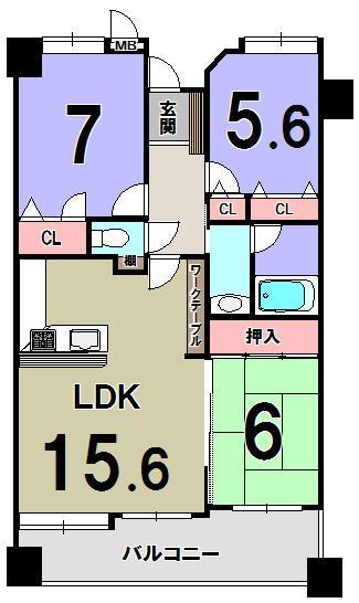 Floor plan. 3LDK, Price 17,900,000 yen, Occupied area 75.02 sq m , Balcony area 13.66 sq m