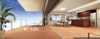 balcony ・ terrace ・ Private garden.  [Depth of about 3m Terrace] Expressed as an open-air "living terrace" the balcony there is a depth of about 3m of the terrace. There is no difference in level between the living, Create a relaxed space toward the outside. Premium floor (the 12th floor ~ Because living the opening of the 14th floor) has adopted the full open sash, Sense of openness is outstanding.  ※ A type Rendering. In fact a slightly different.