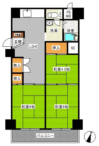 Floor plan. 3DK, Price 6.8 million yen, Occupied area 54.88 sq m , Balcony area 5.6 sq m Floor