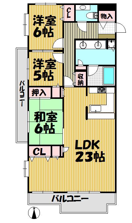Floor plan. 3LDK, Price 30 million yen, Occupied area 90.44 sq m , Balcony area 16.36 sq m