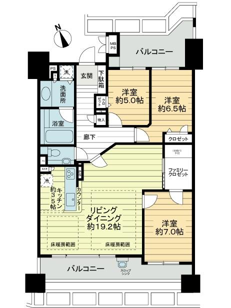 Floor plan. 3LDK, Price 38,500,000 yen, Occupied area 96.85 sq m , Balcony area 26.08 sq m