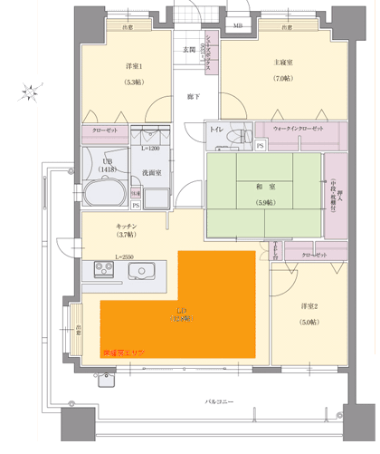 Room and equipment. G type 4LDK (occupied area: 87.91 sq m). Open and wide Haisasshi, L-shaped balcony angle room plan with a bright and airy with a bay window (G type floor plan)