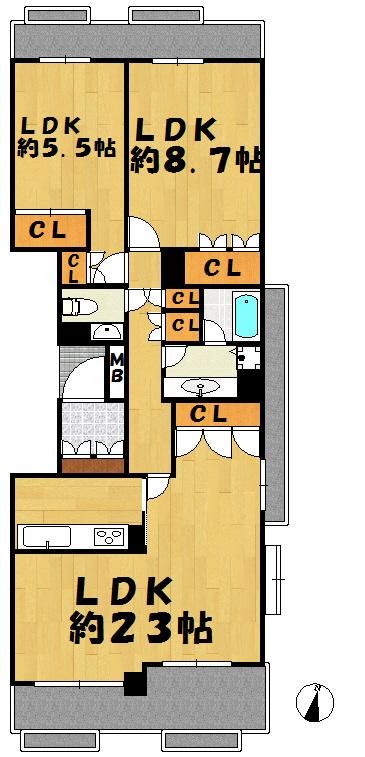 Floor plan. 2LDK, Price 31,800,000 yen, Occupied area 90.88 sq m , Balcony area 22.94 sq m