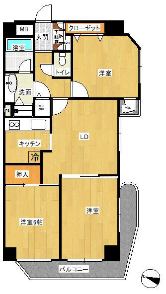 Floor plan. 3LDK, Price 15.6 million yen, Occupied area 64.52 sq m , Has been renovated on the balcony area 7.96 sq m All rooms are Western-style
