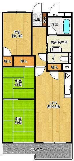 Floor plan. 3LDK, Price 13.8 million yen, Occupied area 62.16 sq m , 3LDK of balcony area 6.69 sq m south-facing