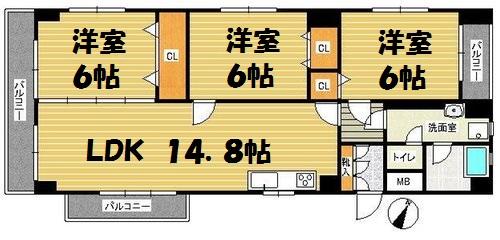 Floor plan. 3LDK, Price 14.8 million yen, Occupied area 70.74 sq m , Balcony area 11.88 sq m