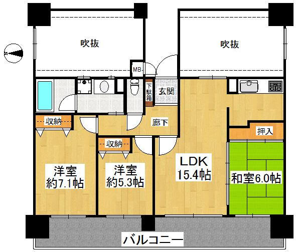 Floor plan. 3LDK, Price 22,800,000 yen, Footprint 74 sq m , Onto a balcony area 17.25 sq m all the living room balcony.