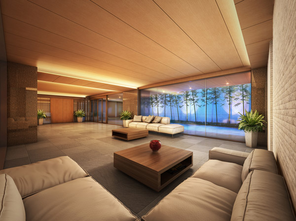 Shared facilities.  [Entrance hall] Entrance Hall, which was based on natural color, It finished in a space of peace, such as inviting gently from public to private. Arranged planting in dry areas, Feeling the moisture and warmth, Time with calm in a space that has been separated from the external flows. (Rendering)