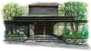 Buildings and facilities. Entrance approach the lush greenery of the planting has been applied. Harmony in a peaceful living environment around. (Rendering Illustration)