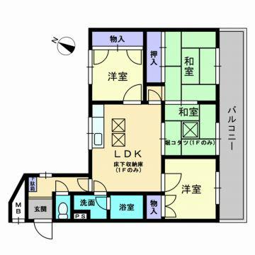 Floor plan. 4LDK, Price 8 million yen, Occupied area 69.34 sq m , Is a floor plan of the balcony area 12.35 sq m 4LDK