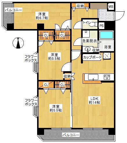 Floor plan. 3LDK, Price 16.8 million yen, Occupied area 70.47 sq m , Since the balcony area of ​​9.39 sq m square room ・  ・ It came in the light! It is a bright all of the room! ! All rooms were renovated in flooring