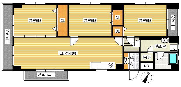 Floor plan. 3LDK, Price 14.8 million yen, Occupied area 70.74 sq m , Balcony area 11.88 sq m