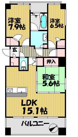Floor plan. 3LDK, Price 59,800,000 yen, Occupied area 93.66 sq m , Balcony area 15.08 sq m