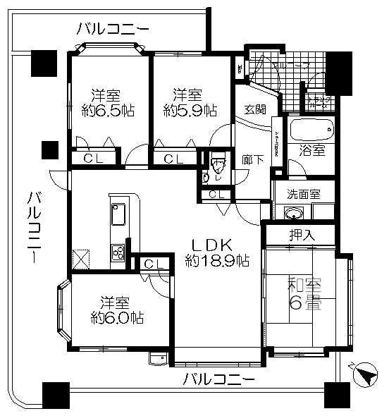 Floor plan. 4LDK, Price 30,800,000 yen, Occupied area 93.88 sq m , Balcony area 52.05 sq m