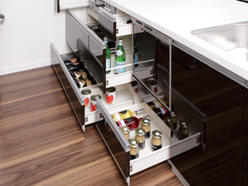 Kitchen.  [Opening and closing sliding drawer storage] Withdraw lightly smooth opening and closing as far as it will go, Adopt a drawer storage that can be without waste plenty of storage. (Same specifications)
