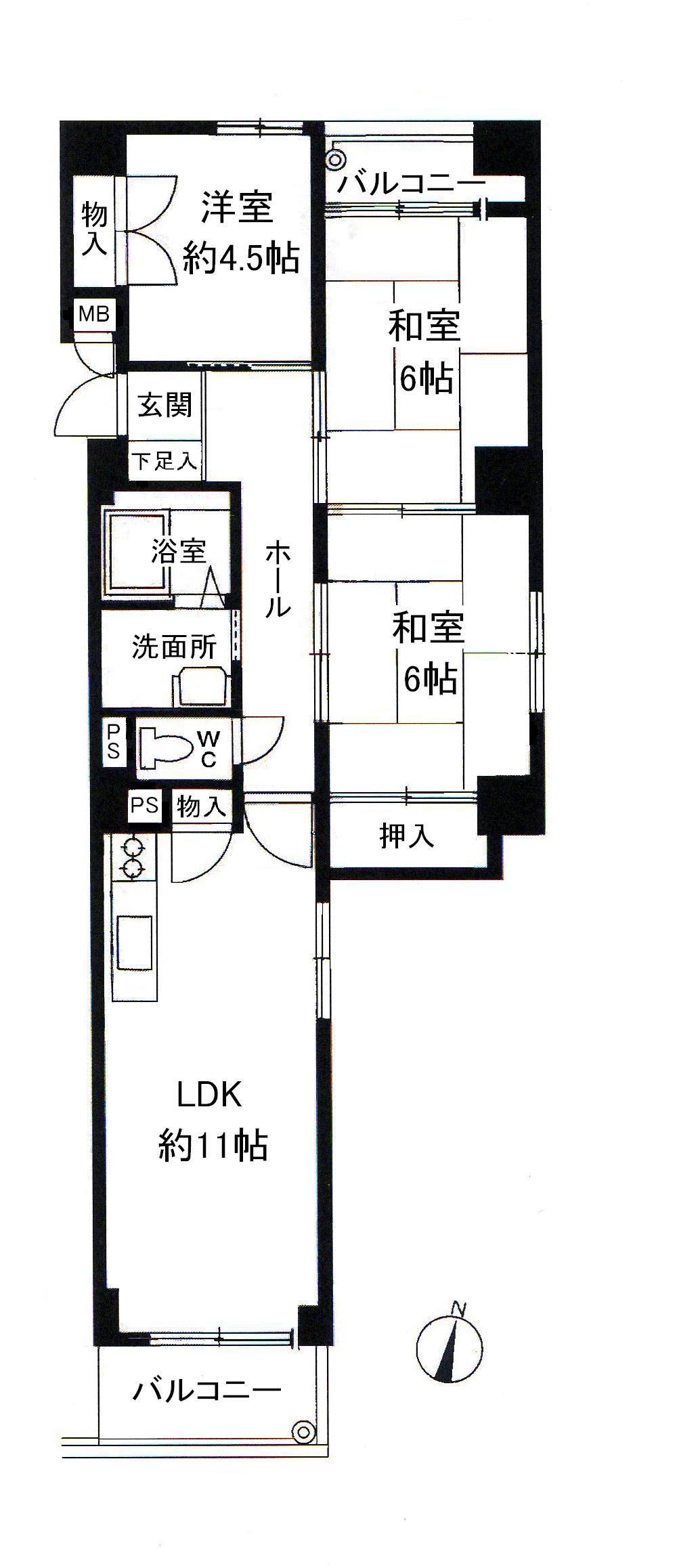 Floor plan. 3LDK, Price 12 million yen, Occupied area 65.92 sq m , Balcony area 6.69 sq m
