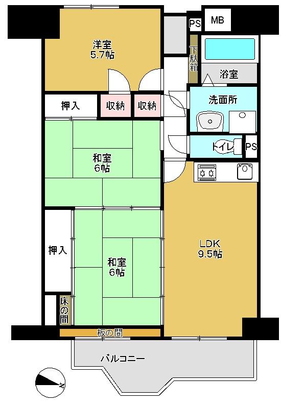 Floor plan. 3LDK, Price 12.3 million yen, Occupied area 65.88 sq m , Balcony area 7.62 sq m
