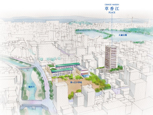 Surrounding environment. "Grand Maison Kusagae Place" is, Located in the contact of the first kind residential area and the convenience of the rich commercial area that visibility was opened on the banks direction. Know the land, Architectural thought to maximize, Light and wind, Attract sense of openness, It evolves living ease. (Local peripheral conceptual diagram)