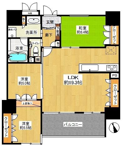 Floor plan. 3LDK, Price 34,800,000 yen, Occupied area 80.28 sq m , Balcony area 9.69 sq m 3LDK