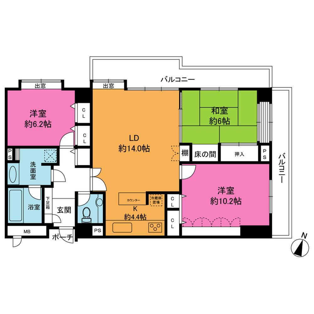 Floor plan. 3LDK, Price 38,500,000 yen, Occupied area 96.93 sq m , Balcony area 18.68 sq m