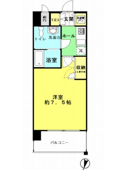 Floor plan. 1K, Price 9.5 million yen, Occupied area 24.58 sq m , Balcony area 4.62 sq m