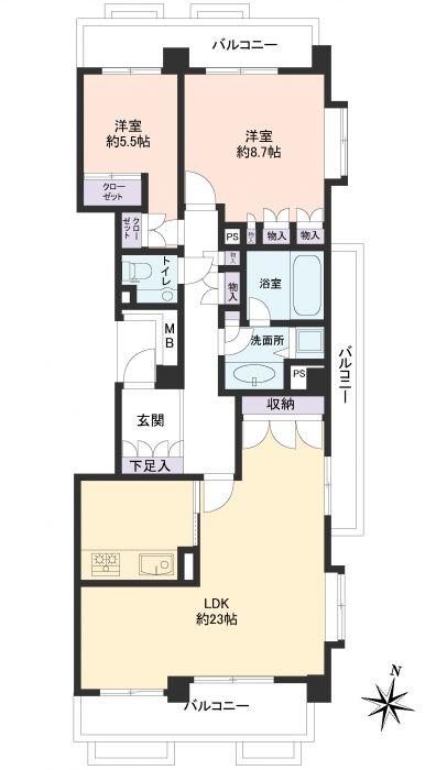 Floor plan. 2LDK, Price 31,800,000 yen, Occupied area 90.88 sq m , Balcony area 22.94 sq m