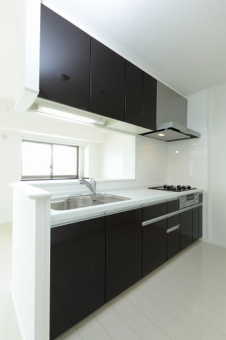 Kitchen. Of the glass top 3-neck gas stove. Mixing faucet to a wide sink. 