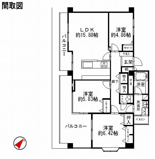 Floor plan. 3LDK, Price 22,800,000 yen, Occupied area 77.01 sq m , Balcony area 26.2 sq m