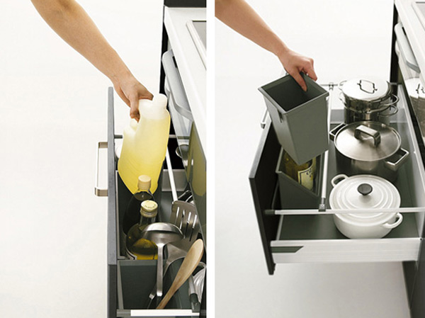 Kitchen.  [Slide type unit] Just open a little, You can retrieve the necessary things. Of pot paper storage and is easy to loose size.