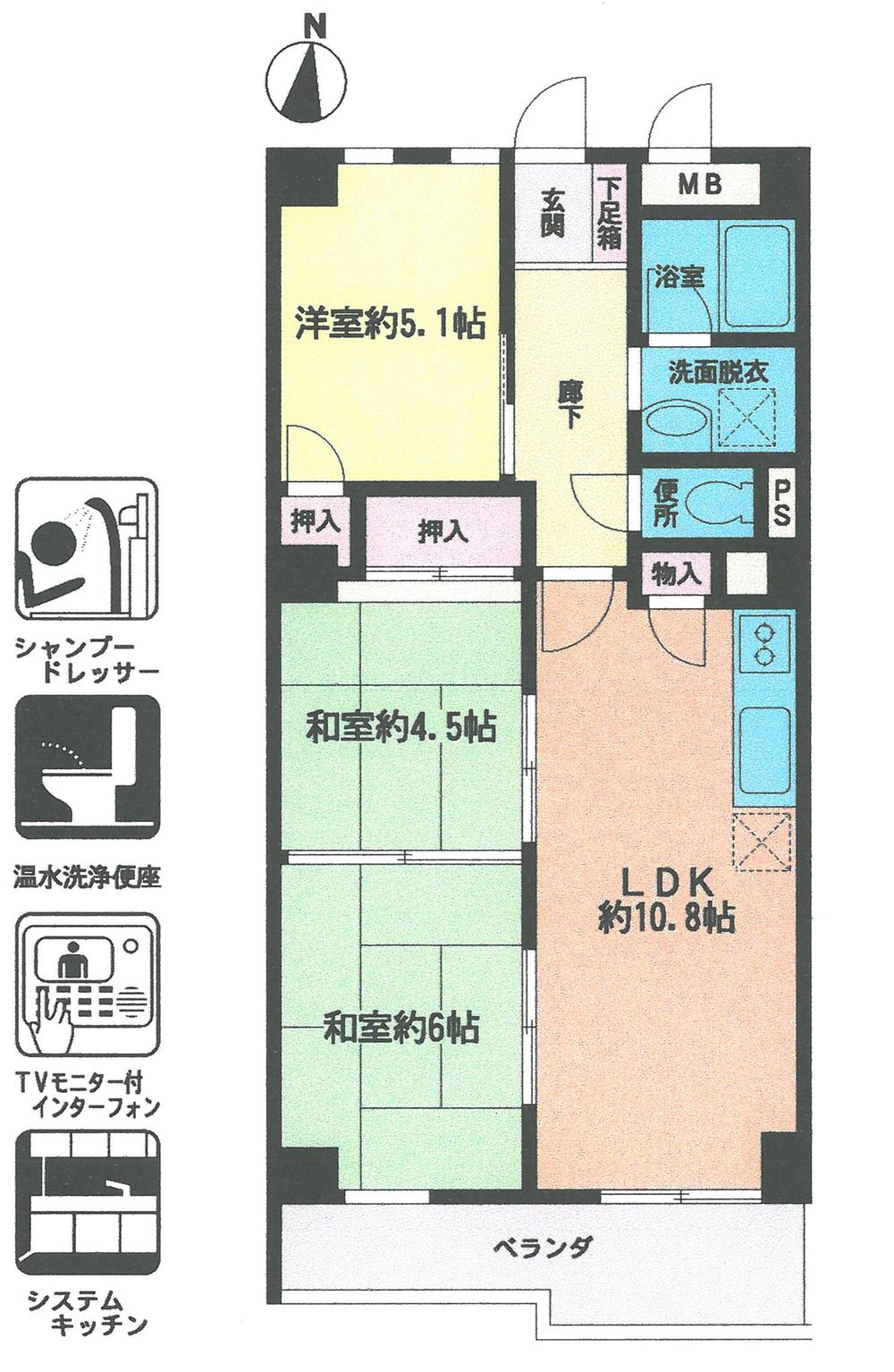 Floor plan. 3LDK, Price 13.8 million yen, Occupied area 62.16 sq m , Balcony area 6.69 sq m floor plan